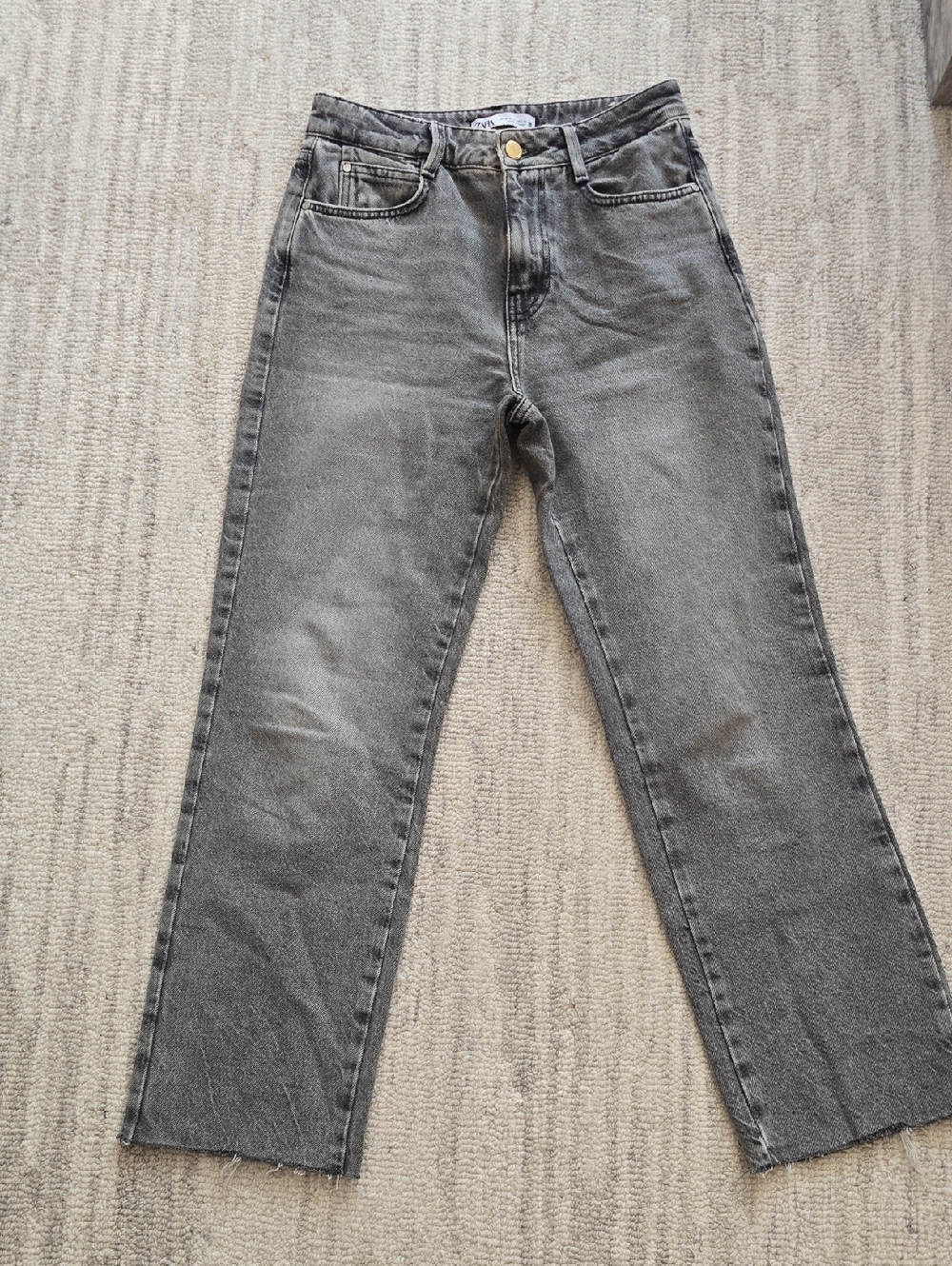 Zara Washed Gray High-Rise Jeans with Gold Button